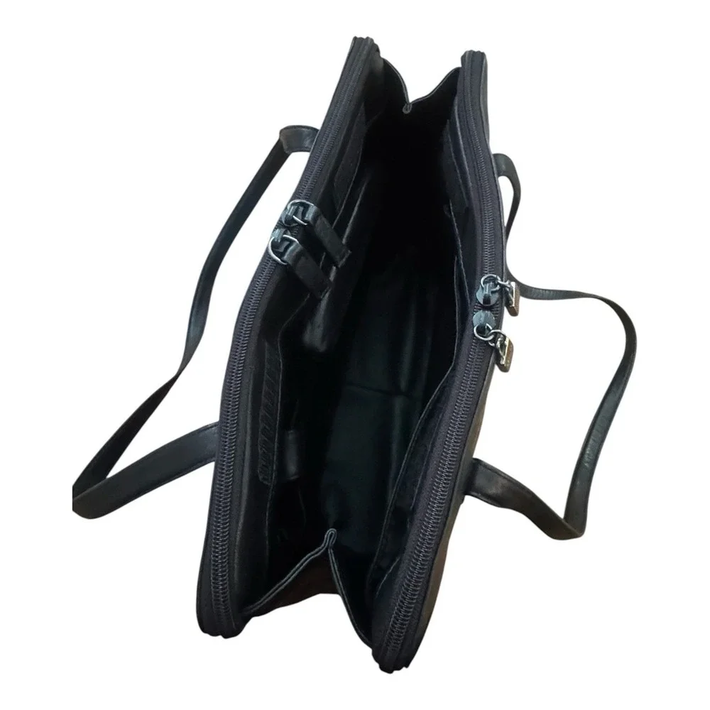 PERLINA Soft Black Leather Multi Compartment Tote Bag Laptop Work Bag Satchel